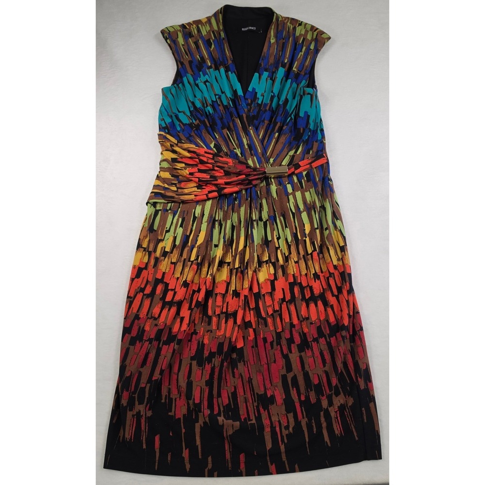 Ellen Tracy Abstract Brushstroke‎ Faux Wrap Sheath Dress Multi-Color Gold Detail